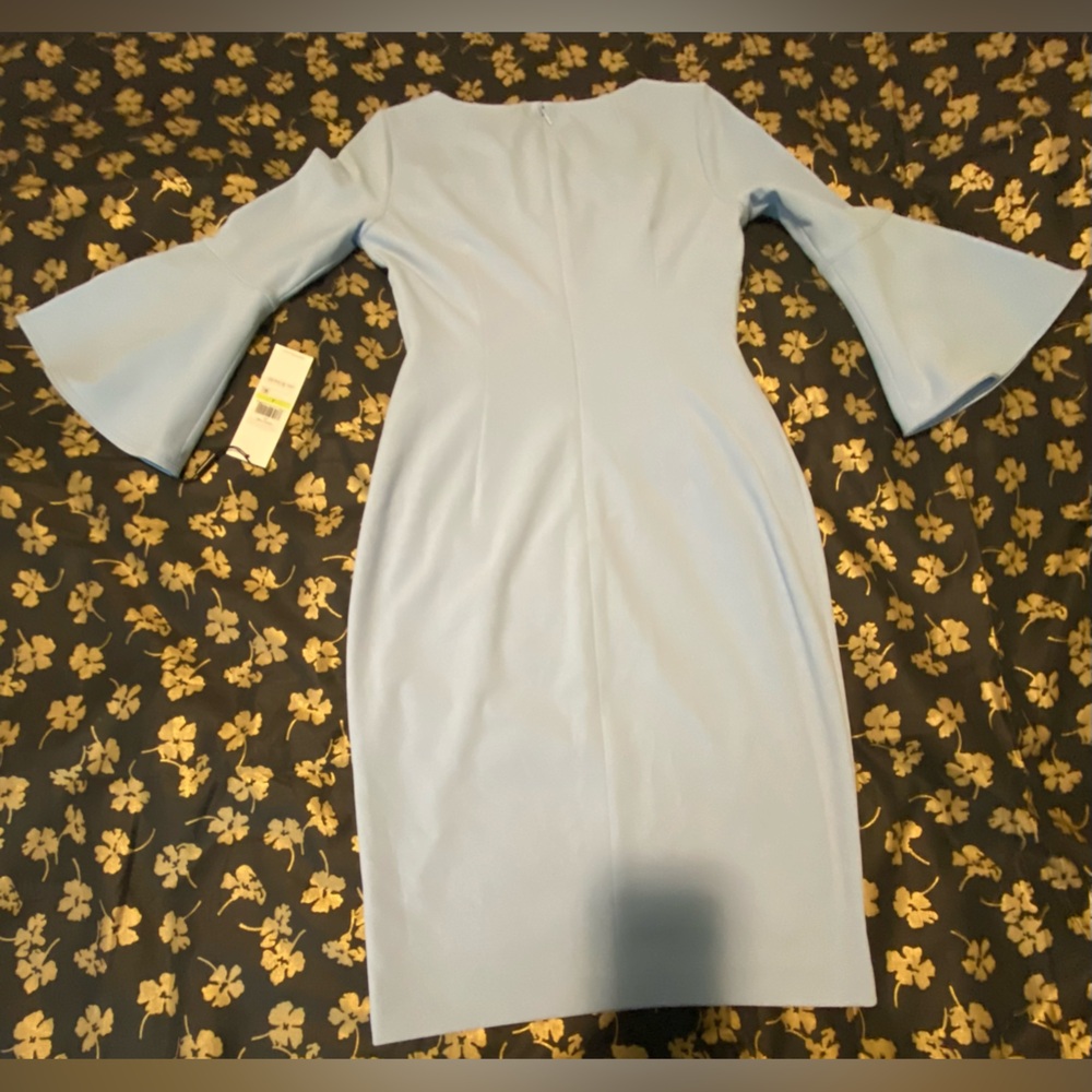 NWT Calvin Klein Bell Sleeve Sheath Dress Blue with Pearl Accents / Size 4 - Picture 6 of 16